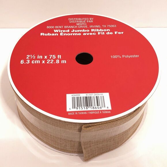 Celebrate It Wired Ribbon Christmas Wreath Tan Faux Linen Jumbo 2.5 in × 75 ft - Picture 6 of 6